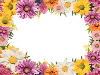 Fototapeta na wymiar A frame of colourful flowers forms around a center white space for copy