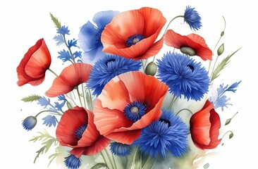 Poppies and cornflowers on a white background. Watercolor red poppy flowers and blue cornflower.