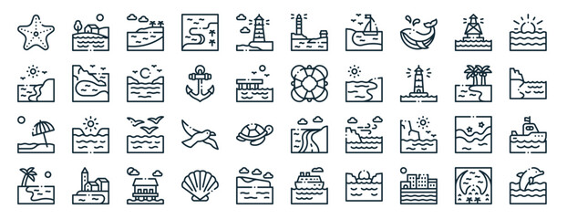 set of 40 outline web coastline icons such as coastline, coastline, beach, beach, beach, sunrise, bay icons for report, presentation, diagram, web design, mobile app