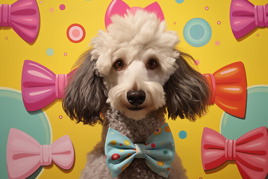 Poodle with Polka Dot Bow Tie on Colorful Background