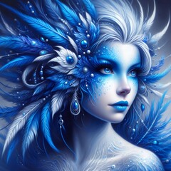A woman with blue feathers on her head, digital fantasy art