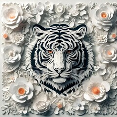 A picture of a tiger surrounded by flowers, layered paper art
