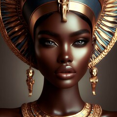 An image of a woman wearing an egyptian headdress, dark skin female goddess of love, african queen, black african princess, afrofuturistic, stunning african princess