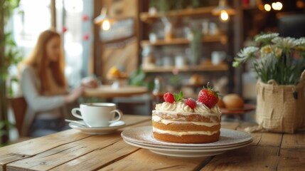 Fototapeta premium Coffee and a nice dessert in a cafe environment