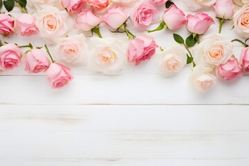 Pink and white roses on a white wooden background with copy space 