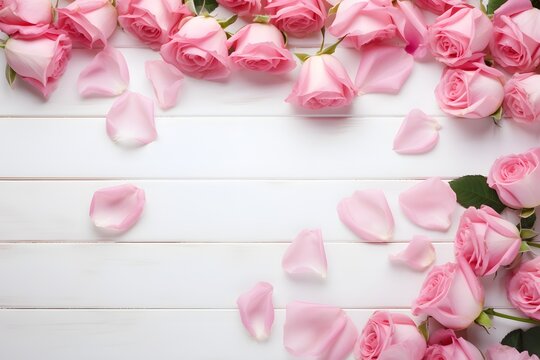 Pink rose petals  on a white wooden background with copy space 