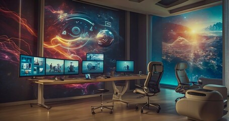 Modern Surveillance Center. Office For Cyber Security. NASA Office. Data Analysis, Network Security. Futuristic Office.