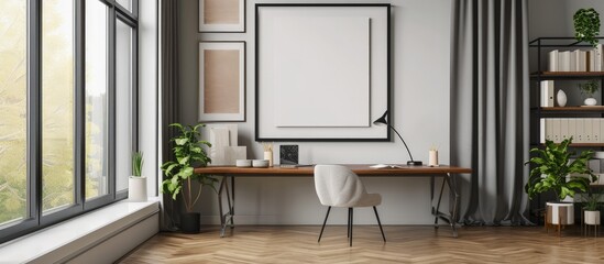 Modern minimalist a mockup blank frame in wall workplace home interior design. Generated AI image