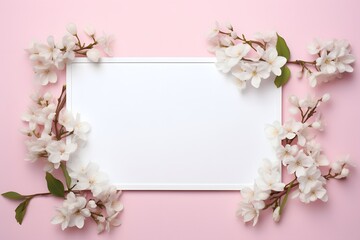 Fototapeta na wymiar Pink cherry blossom surrounding a white card, copy space