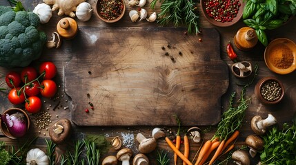 Old wood timber plank surrounded by fresh root vegetables