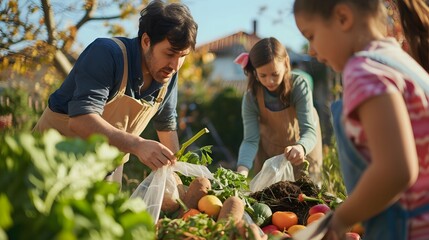Families composting food waste, recycling, and filling donation bags
