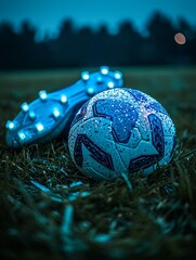 top view of soccer ball with pair of sports shoes on grass