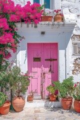 Fototapeta na wymiar Clean pink doors and white walls with sidewalk in Paris