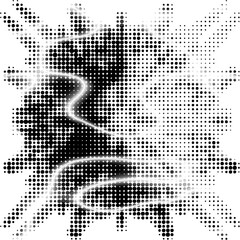 Fototapeta premium Halftone polka dot quadromandala entwined with gradient energy discharges. A sector has been selected for overlaying text by copying. For logos, trademarks, emblems. Vector.