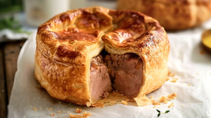 Traditional British savory pastry pork pie with meat enveloped in crust. Delicious comfort food