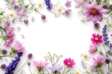 Colourful wildflowers forming a frame on a white background with copy space 