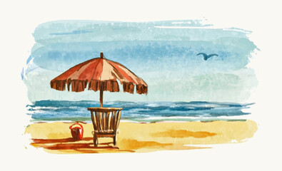 Beach with chairs and umbrella. Watercolor hand drawn illustration.