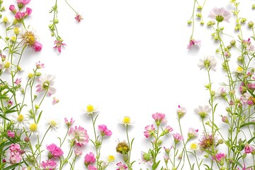 Fototapeta na wymiar Colourful wildflowers forming a frame on a white background with copy space 
