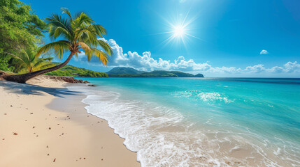 Sun-Kissed Tropical Shore.
Gentle waves wash over the sandy shore of a tropical beach under a bright sun.