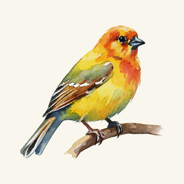 Watercolor bird on a branch. Hand-drawn illustration. Isolated on white background.