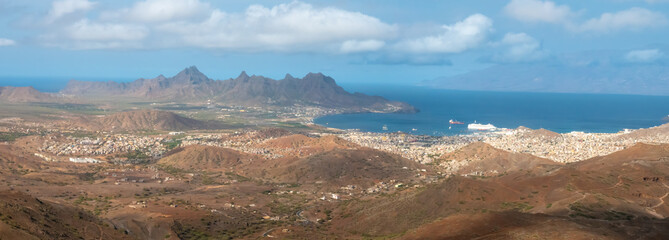 Distant view of the Port city of Mindelo and Porto Grande, São Vicente (Saint Vincent) island, Cape Verde Islands (Cabo Verde)
