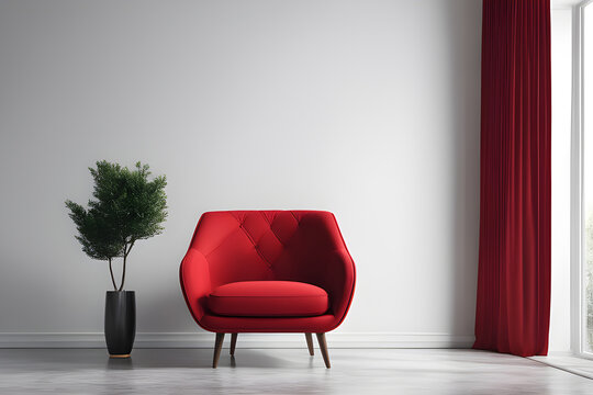 red designer chair in a minimalist empty white room with plants near window with red curtains