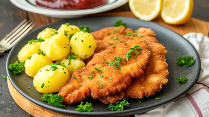 Delicious authentic breaded and deep-fried Wiener schnitzel served with boiled potatoes and fresh parsley on a a plate	