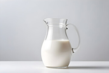 transparent glass jug with milk on a minimalistic background