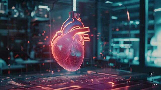 A hologram in the shape of a human heart rotates in front of a user displaying data on their heart rate pressure and breathing patterns collected by their IoT medical device.