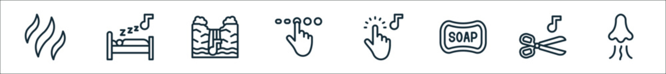 outline set of asmr line icons. linear vector icons such as aroma, sleeping, waterfall, console, touch, soap, scissor, smell - obrazy, fototapety, plakaty