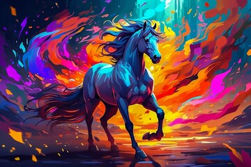Obraz na płótnie Canvas majestic Colorful Horse with a Fiery Mane and Hooves in Full Gallop. Fire Stallion. Horse Power, Beauty, and Strength. Running Horse. Galloping Stallion. Abstract Dreamy Stallion.