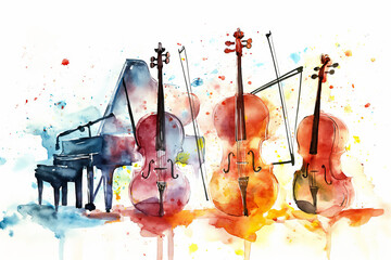 Colorful watercolor illustration of musical instruments. Music school wallpaper.  - obrazy, fototapety, plakaty