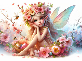 Obraz na płótnie Canvas Cute tender spring fairy witn flowers and butterflies