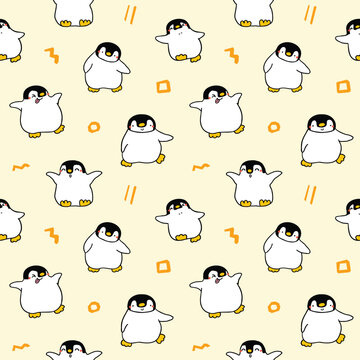 Seamless Pattern with Cute Cartoon Penguin Design on Light Yellow Background