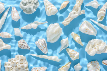 top view of summer  sea concept with seashells and hard shadow in ripple water on blue background