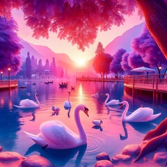 A beautiful lagoon with purple swans.
