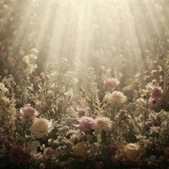 A beautiful field of flowers with sunlight shining through the trees