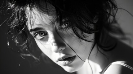 Closeup portrait of beautiful young woman with wet hair, black and white