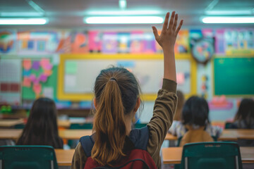 A little girl raising hand to speak in class. - obrazy, fototapety, plakaty
