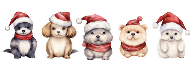 Set of watercolor Christmas cute dogs wearing a Santa Claus hat isolated on transparent background PNG