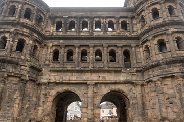 Close view of the Porta Nigra, a well preserved ancient Roman city gate in Trier, Germany