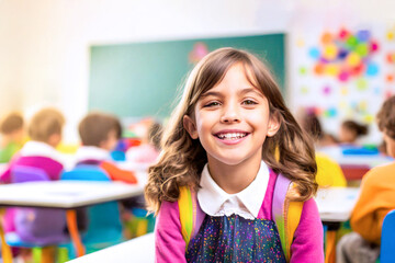 Porträt eines glücklichen Schülers im Klassenzimmer  - obrazy, fototapety, plakaty