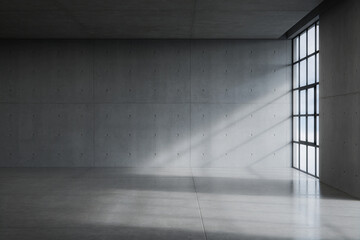 Empty concrete wall with window. 3d rendering of abstract interior space.