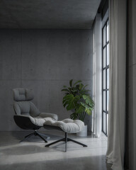 Empty concrete wall with armchair. 3d rendering of abstract interior space.