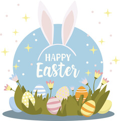 Easter Eggs in Green Grass with Bunny Ears, Happy Easter greeting card in simple flat vector style

