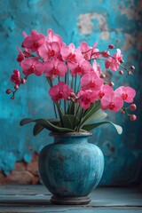 Pink orchids in a vase on a blue background.AI.