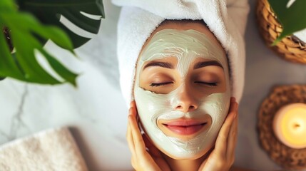 Top view of young woman with clay facial mask on face at spa salon.AI.