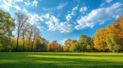 Fototapeta premium beautiful park in a beautiful natural meadow in a wooded area with a beautiful sky in the background