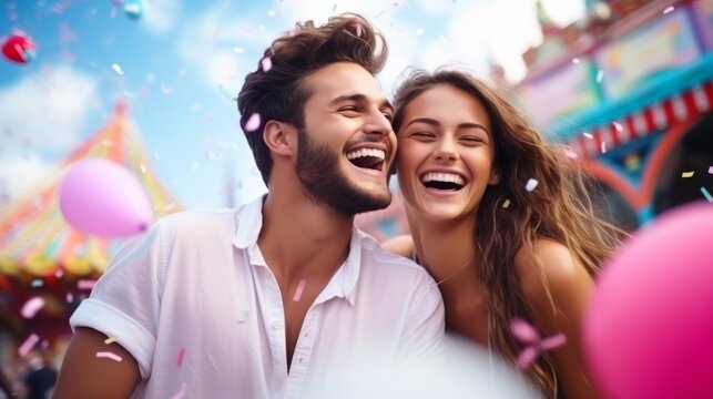 A Young Couple Has Fun And Joy At An Amusement Park