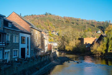 View of houses along the river Ourthe in La Roche-en-Ardenne, Belgium